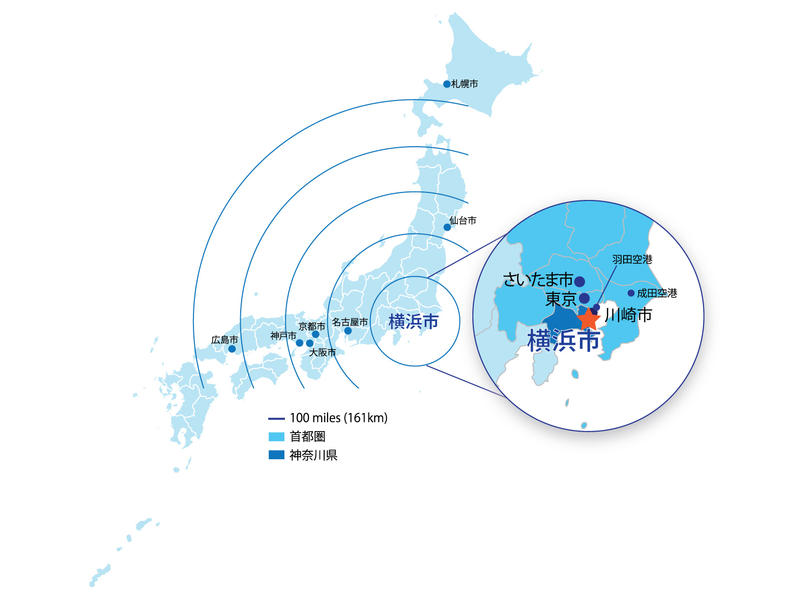 日本地図上の横浜市の位置