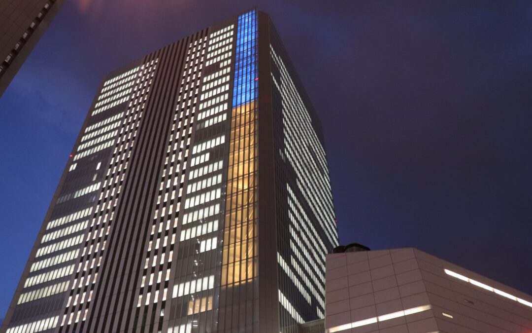 Yokohama City Hall lit up with colors of Ukrane flag Odesa Odessa
